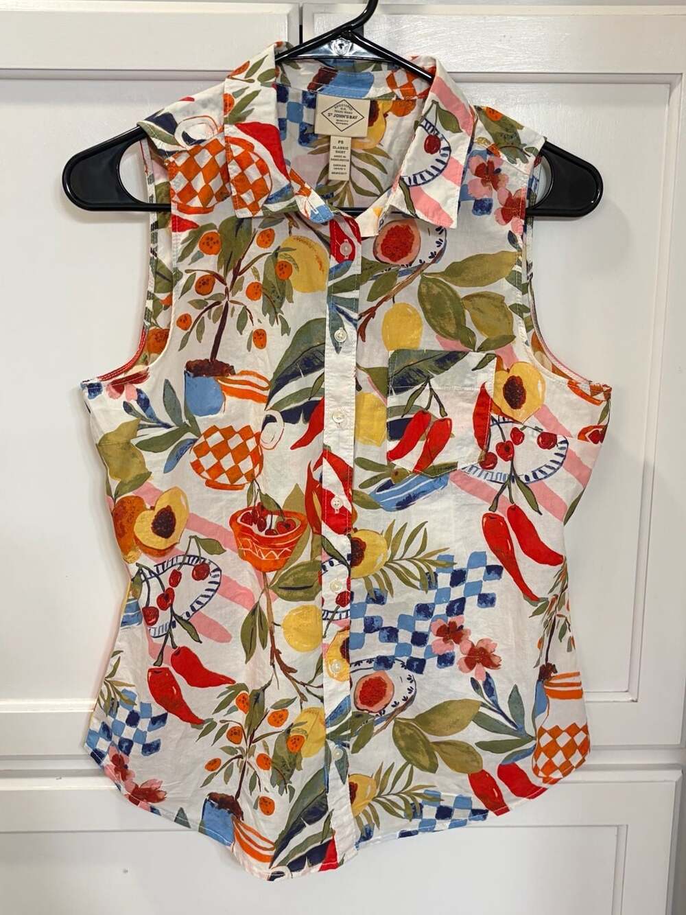 St Johns Bay Womens PS Coastal Fruit Print Sleeveless Button Down Shirt